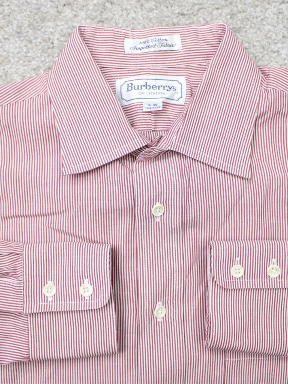 Burberrys of London Shirt Mens 16, 35 Red/White Striped 100% Cotton Long Sleeve
